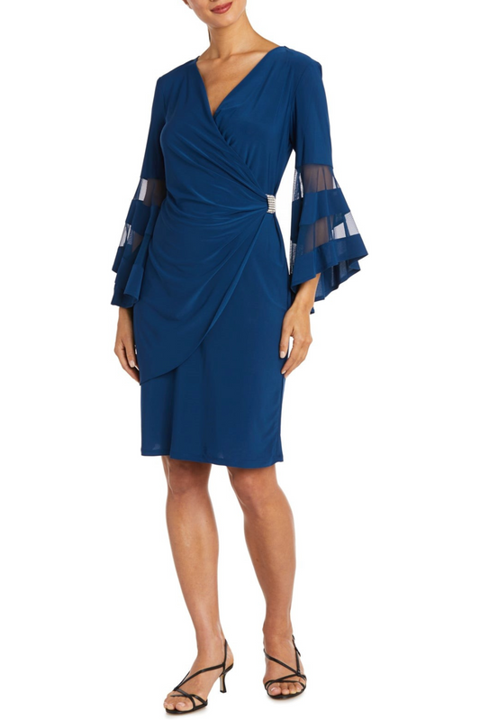 R&M Richards Bell Mesh Sleeve Short Evening Dress