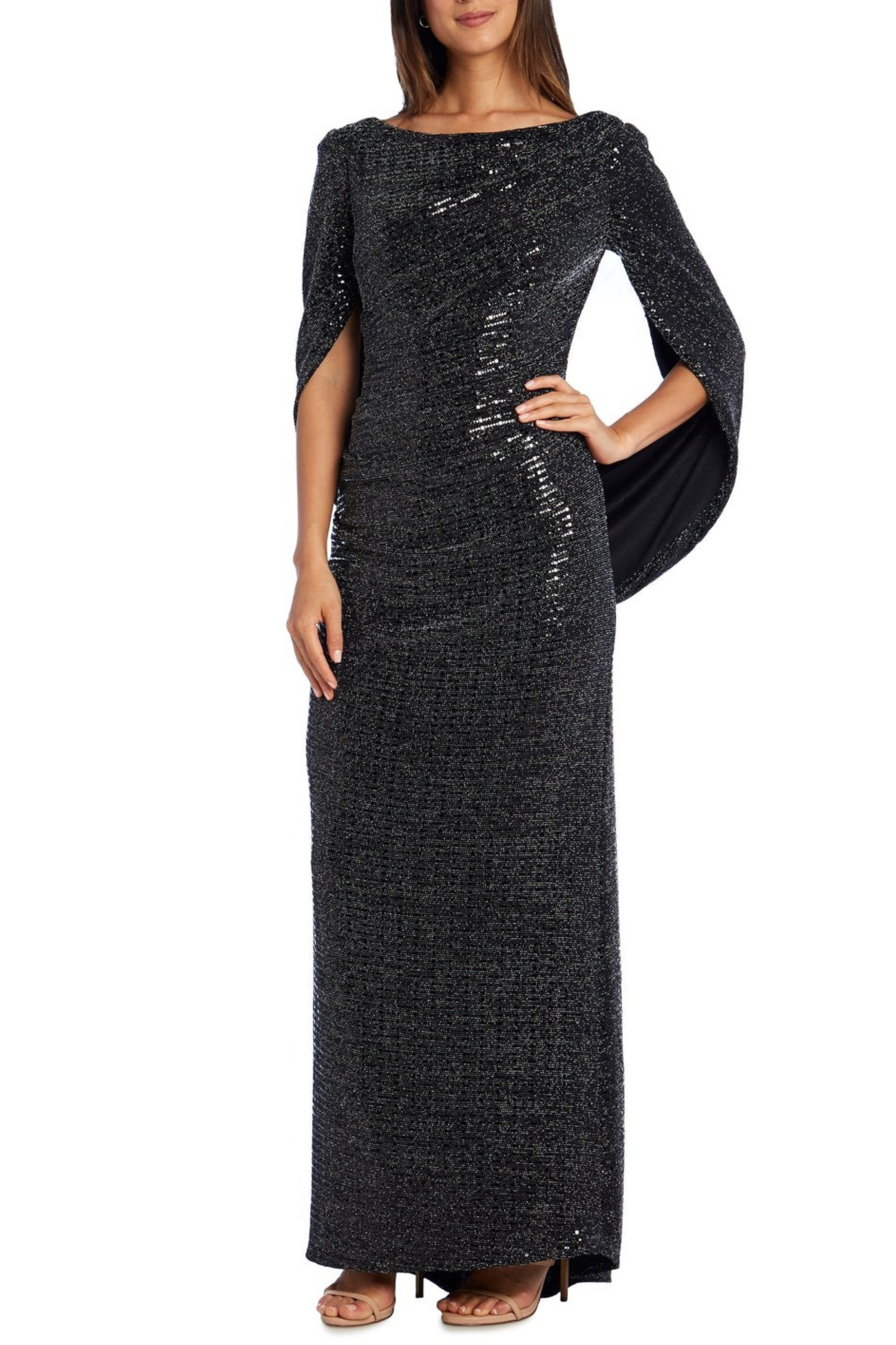 R&M Richards Metallic Built-In Shawl Evening Dress