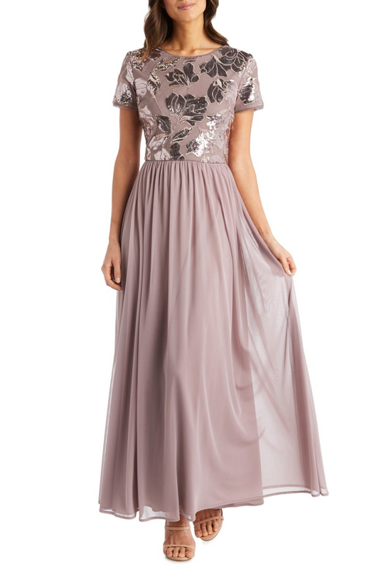 R&M Richards Short Sleeve Sequin Long Evening Gown