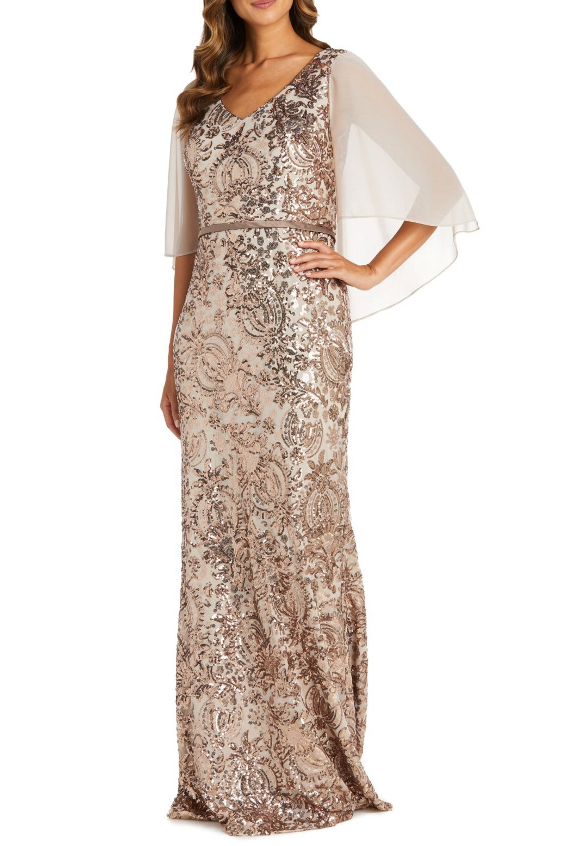 r & m richards sequined cape sheath dress Elegant Beaded Detail Cocktail Dress with Chiffon Cape R&M Richards