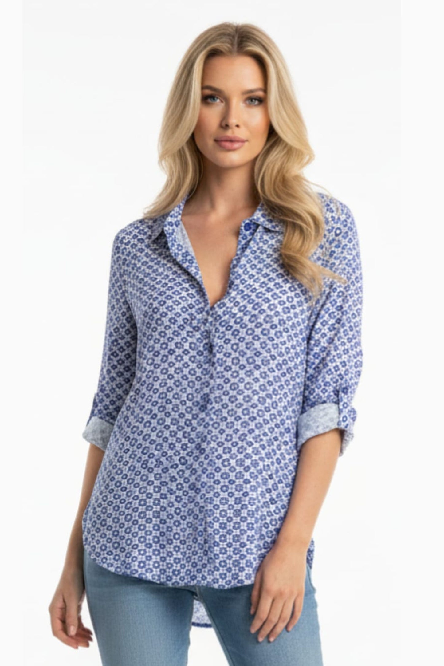 Grand & Greene Collared Multi Print Button Down Top
