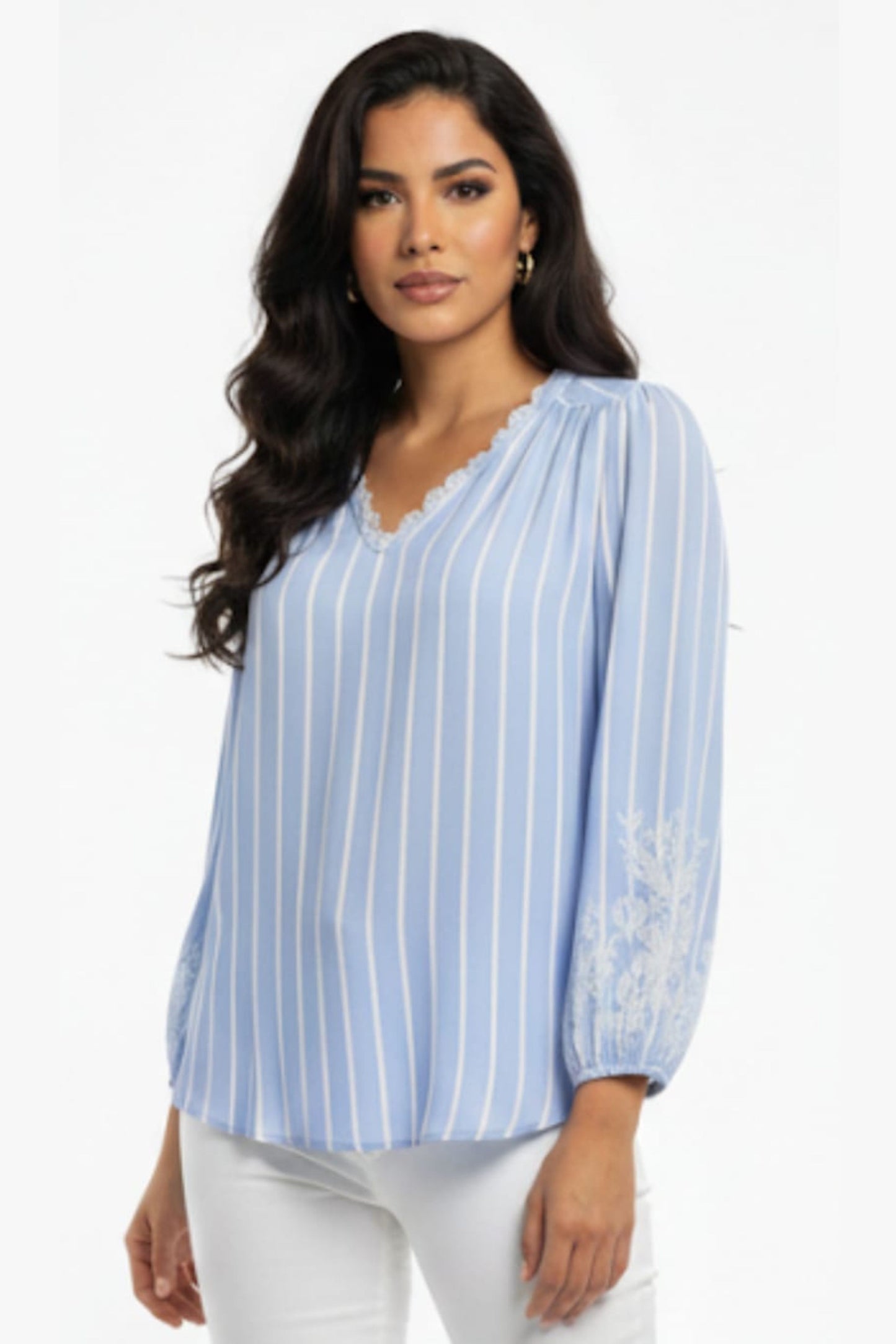 Hester & Orchard Blue White Striped Embroidered V-Neck Blouse