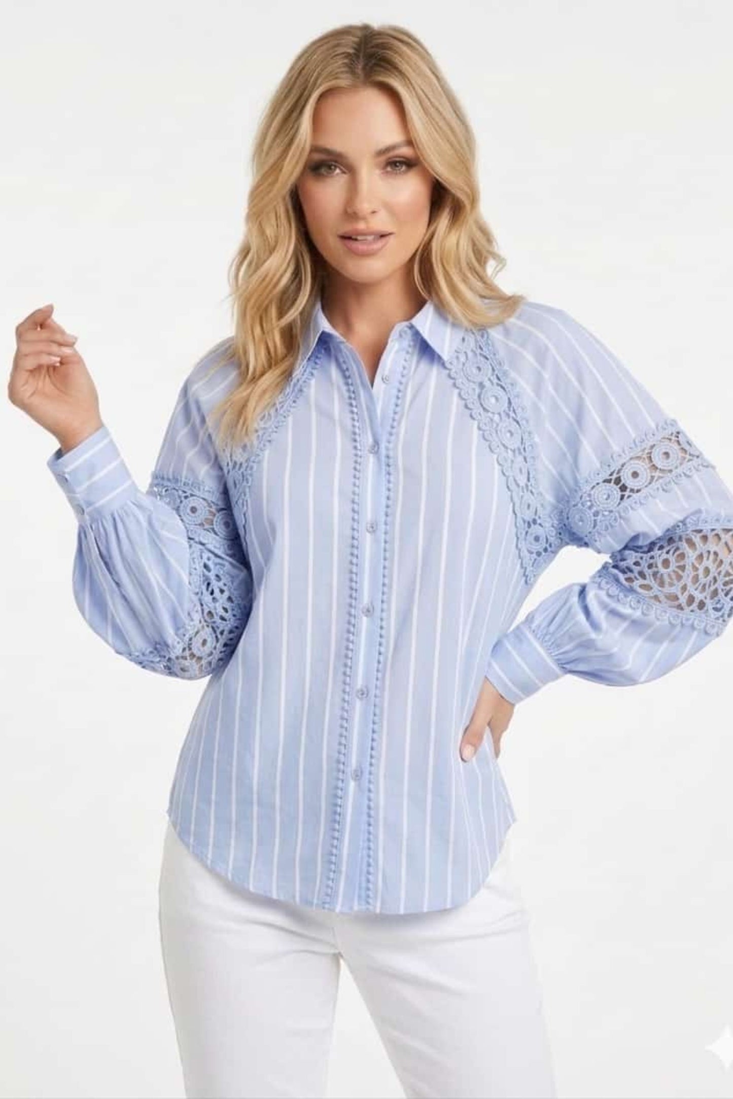 Hester & Orchard Striped Crochet Lace Button Down Blouse