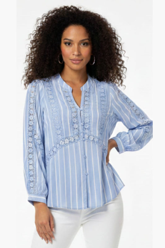 Hester & Orchard Blue Striped Lace-Detail Split Neck Blouse