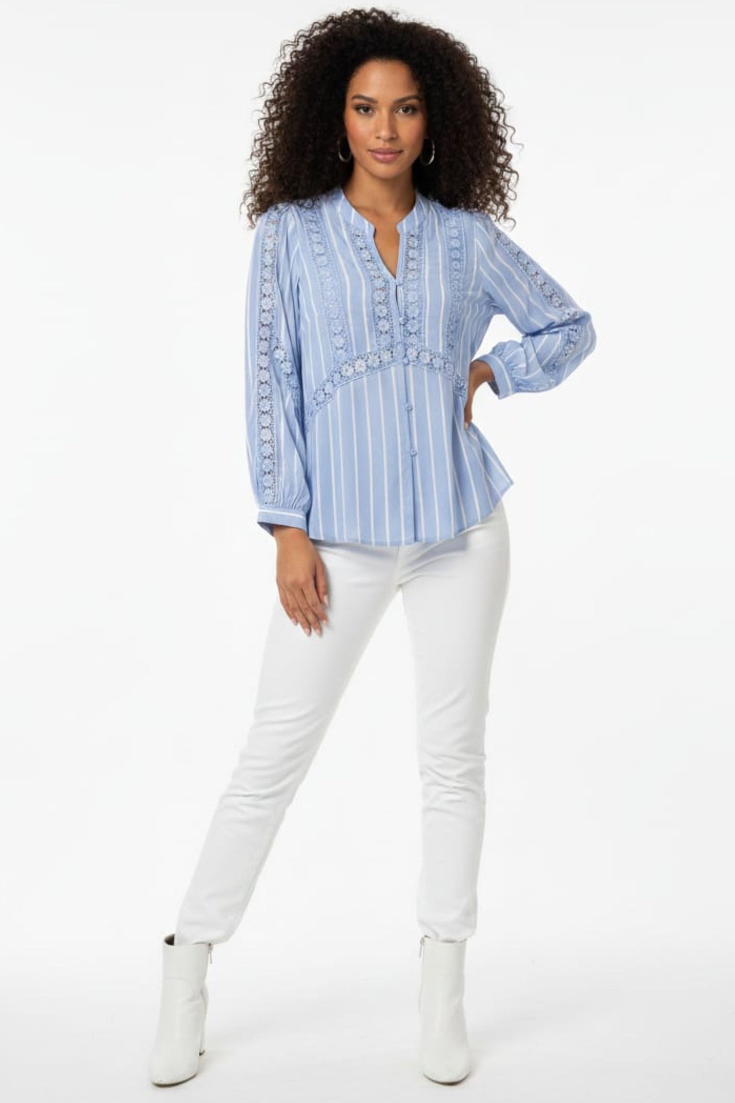 Hester & Orchard Blue Striped Lace-Detail Split Neck Blouse
