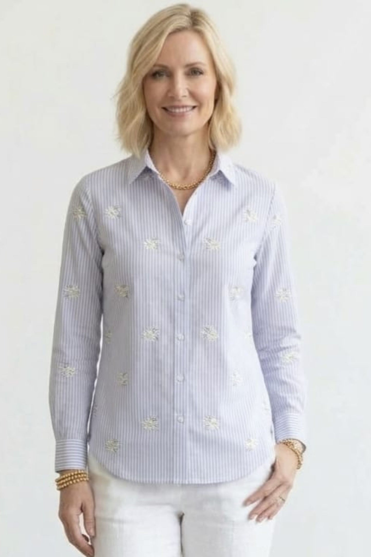 Grand & Greene Daisy Embroidered Striped Button-Down Shirt