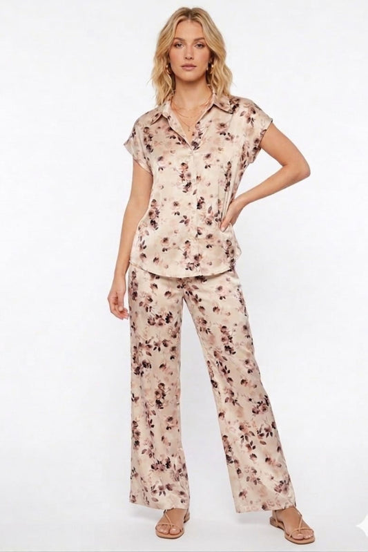RYLEE MOON Jet Stream Floral Satin Two-Piece Pant Set