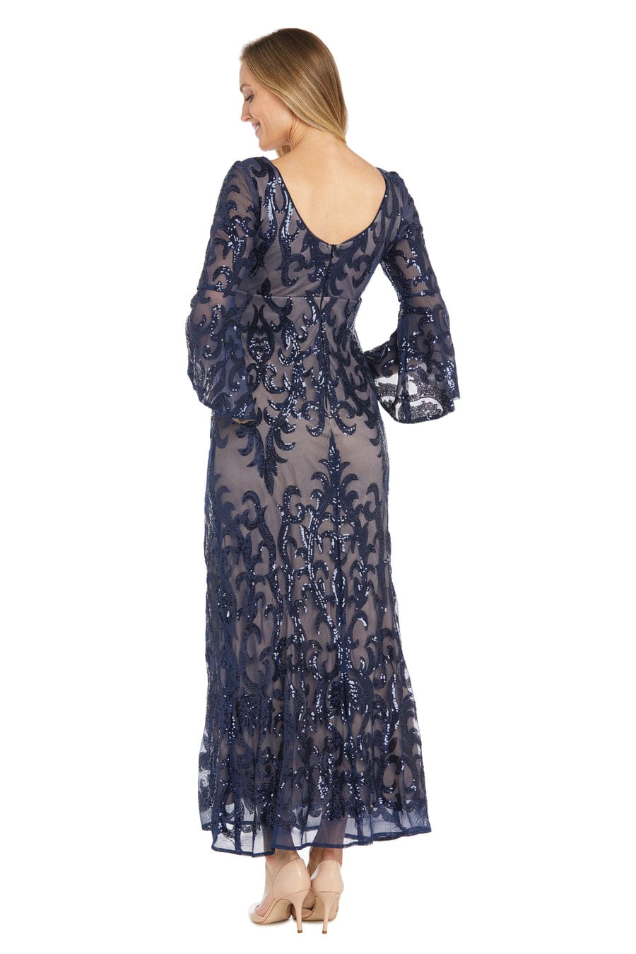 RIM Richards Navy Nude Sequin Long Evening Dress