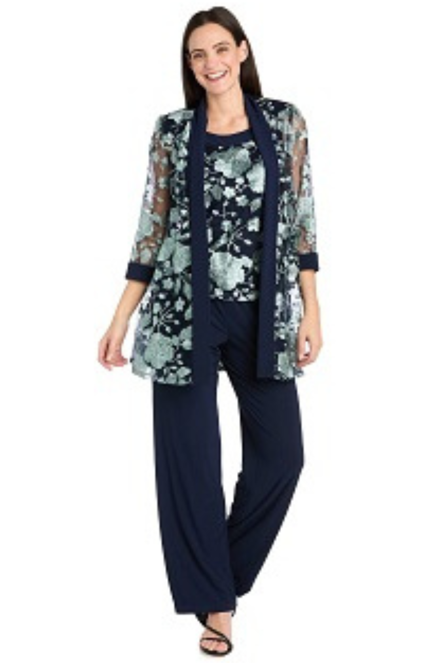 R&M Richards Navy & Sage Floral Embroidered 3-Piece Formal Pant Set