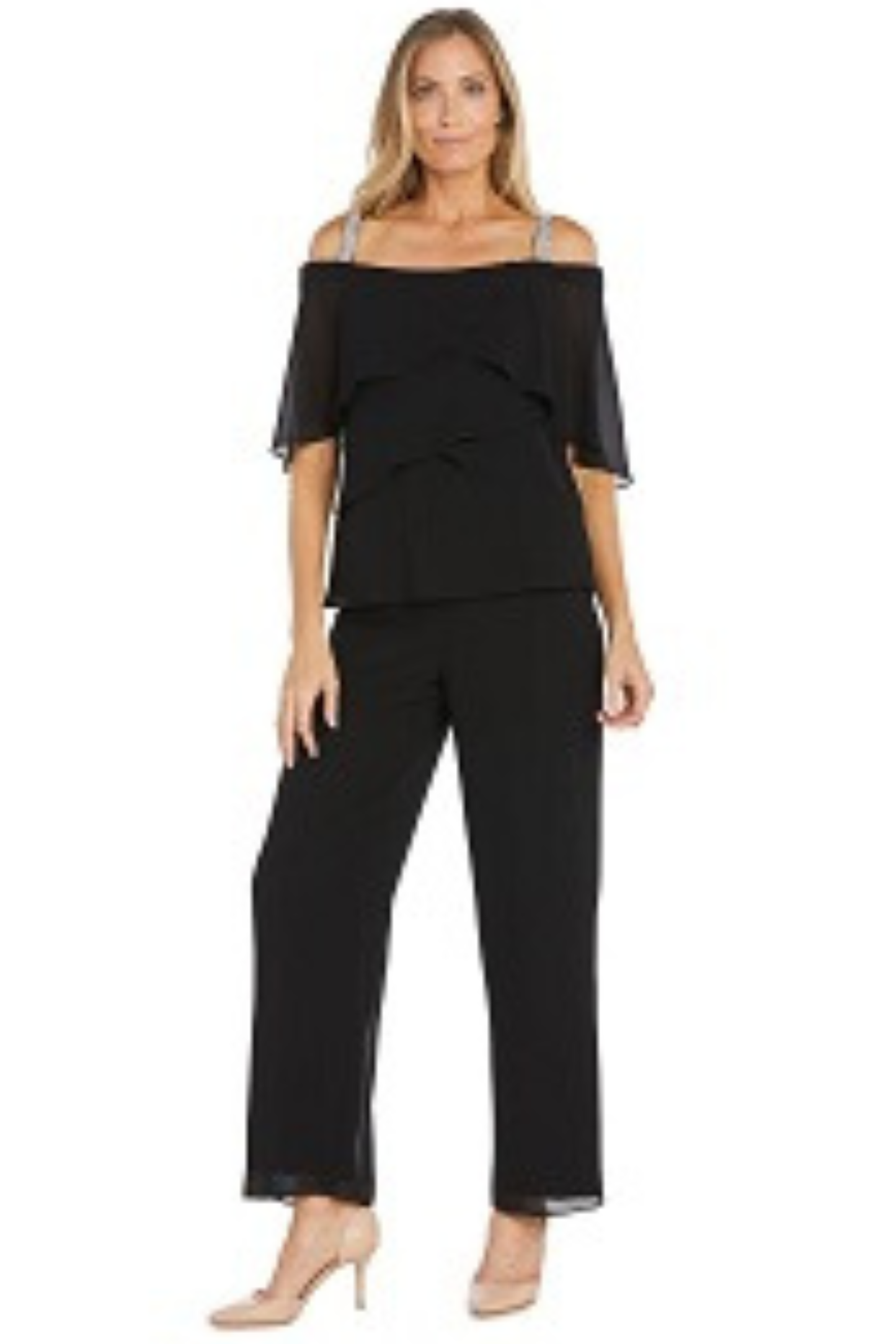 R&M Richards Cold-Shoulder Embellished 2-Piece Evening Pant Set