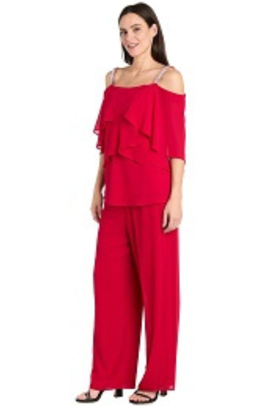 R&M Richards Cold-Shoulder Embellished 2-Piece Evening Pant Set
