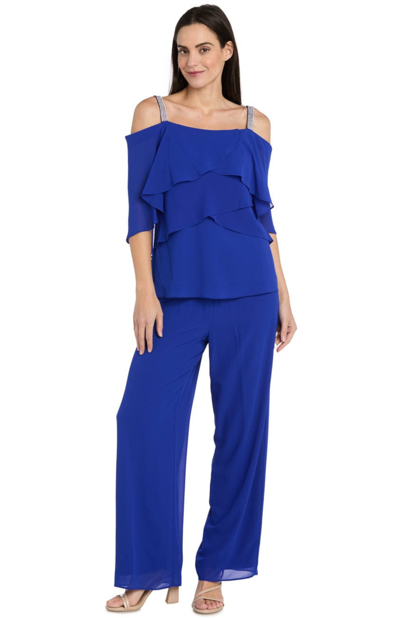 R&M Richards Cold-Shoulder Embellished 2-Piece Evening Pant Set