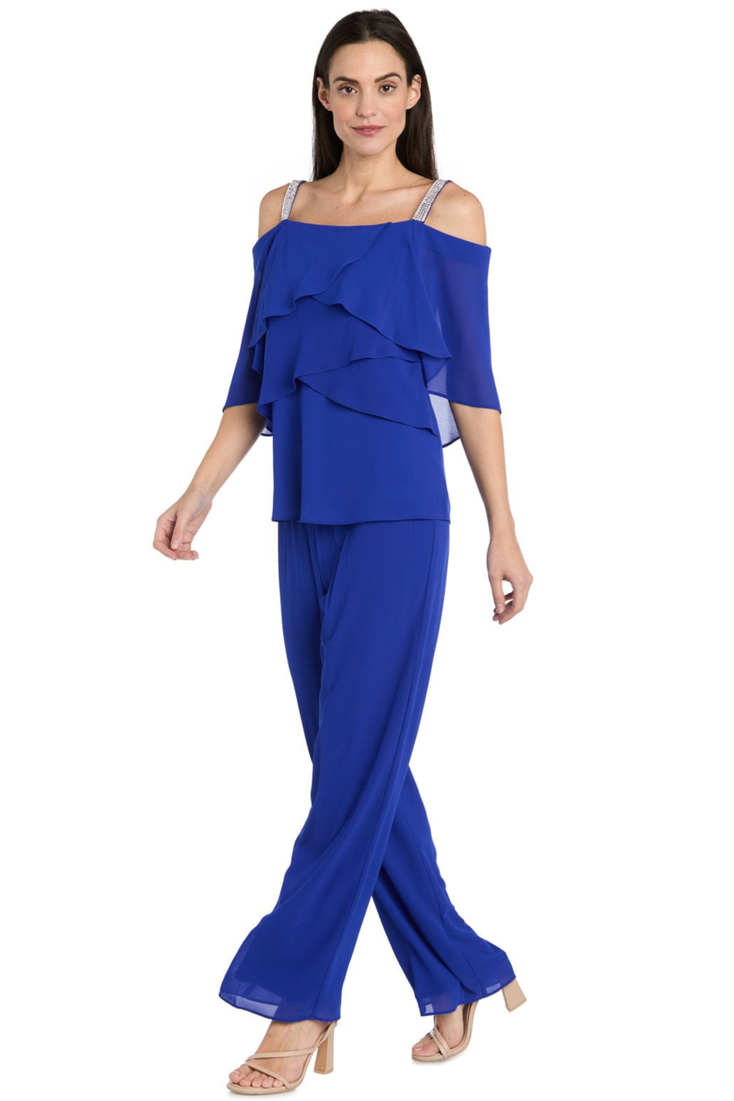 R&M Richards Cold-Shoulder Embellished 2-Piece Evening Pant Set