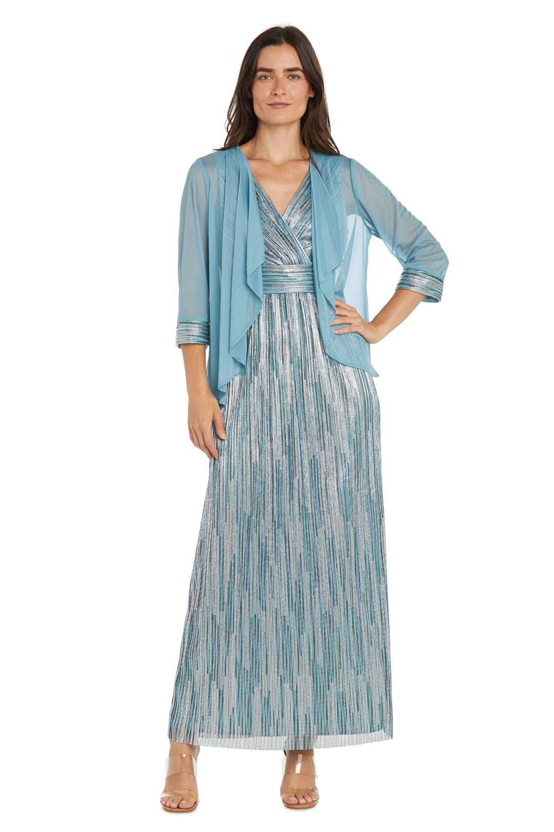 R&M Richards Metallic Pleated Gown with Sheer Drape Jacket