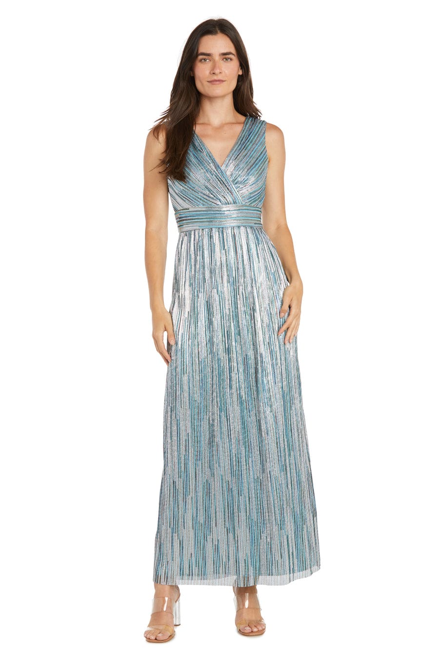R&M Richards Metallic Pleated Gown with Sheer Drape Jacket