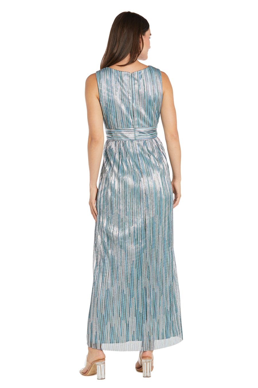 R&M Richards Metallic Pleated Gown with Sheer Drape Jacket