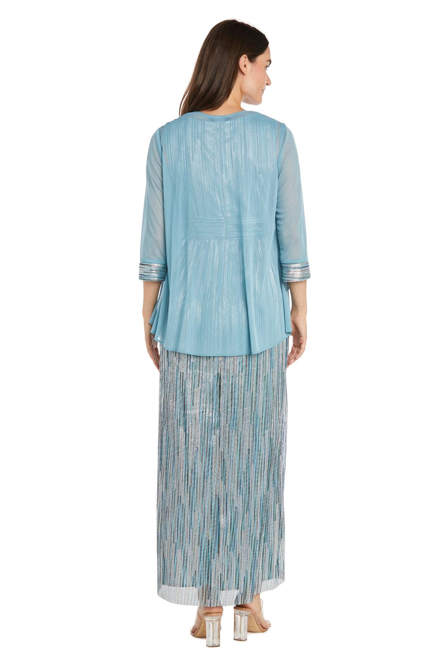 R&M Richards Metallic Pleated Gown with Sheer Drape Jacket