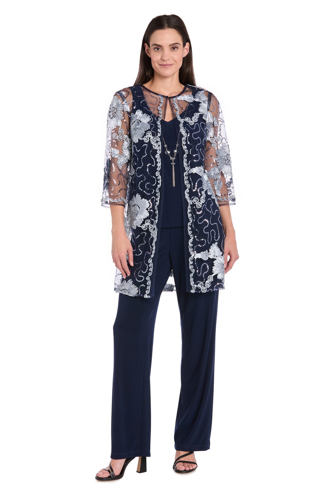 R&M Richards Embroidered Three-Piece Pant Set in Navy Slate