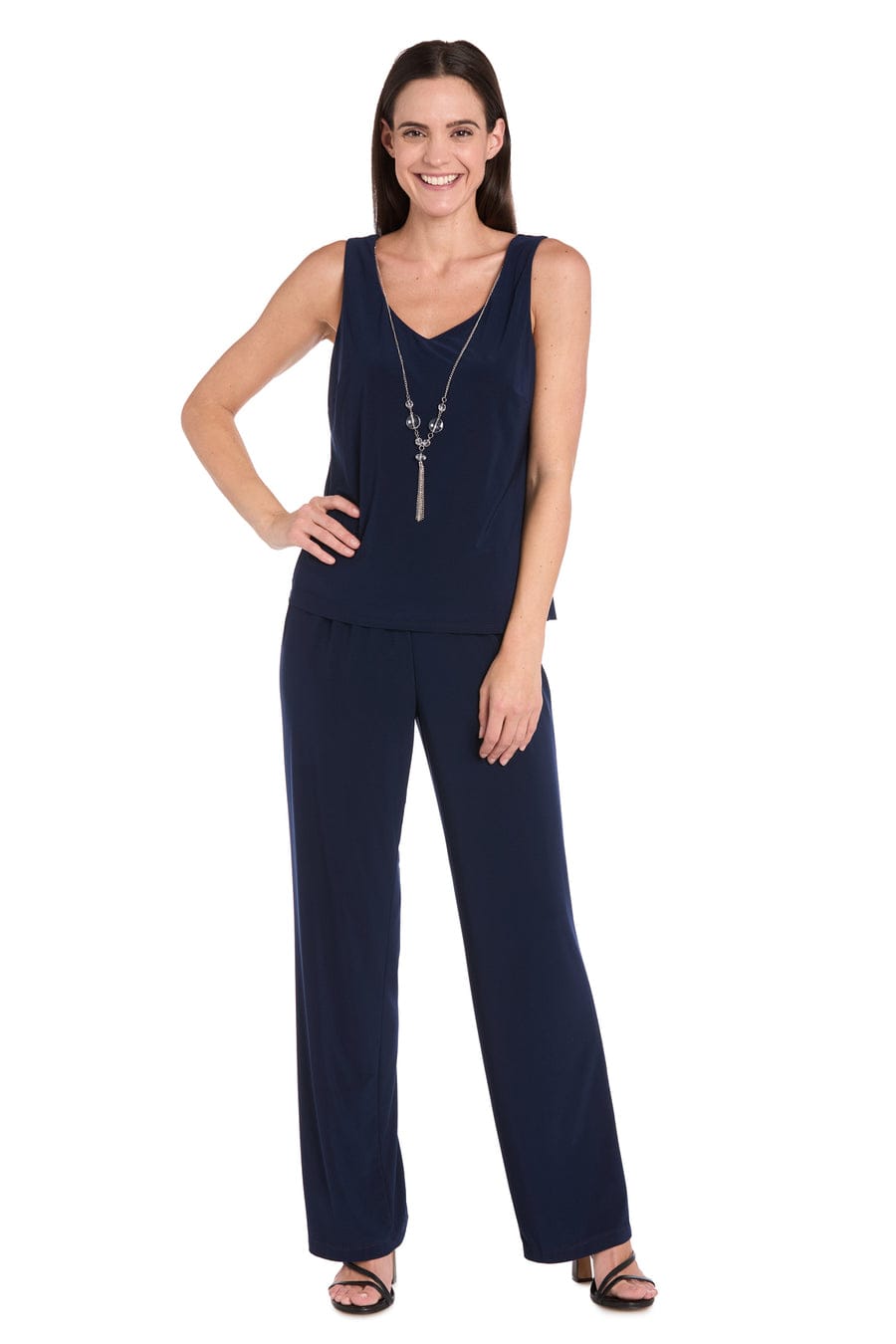 R&M Richards Embroidered Three-Piece Pant Set in Navy Slate