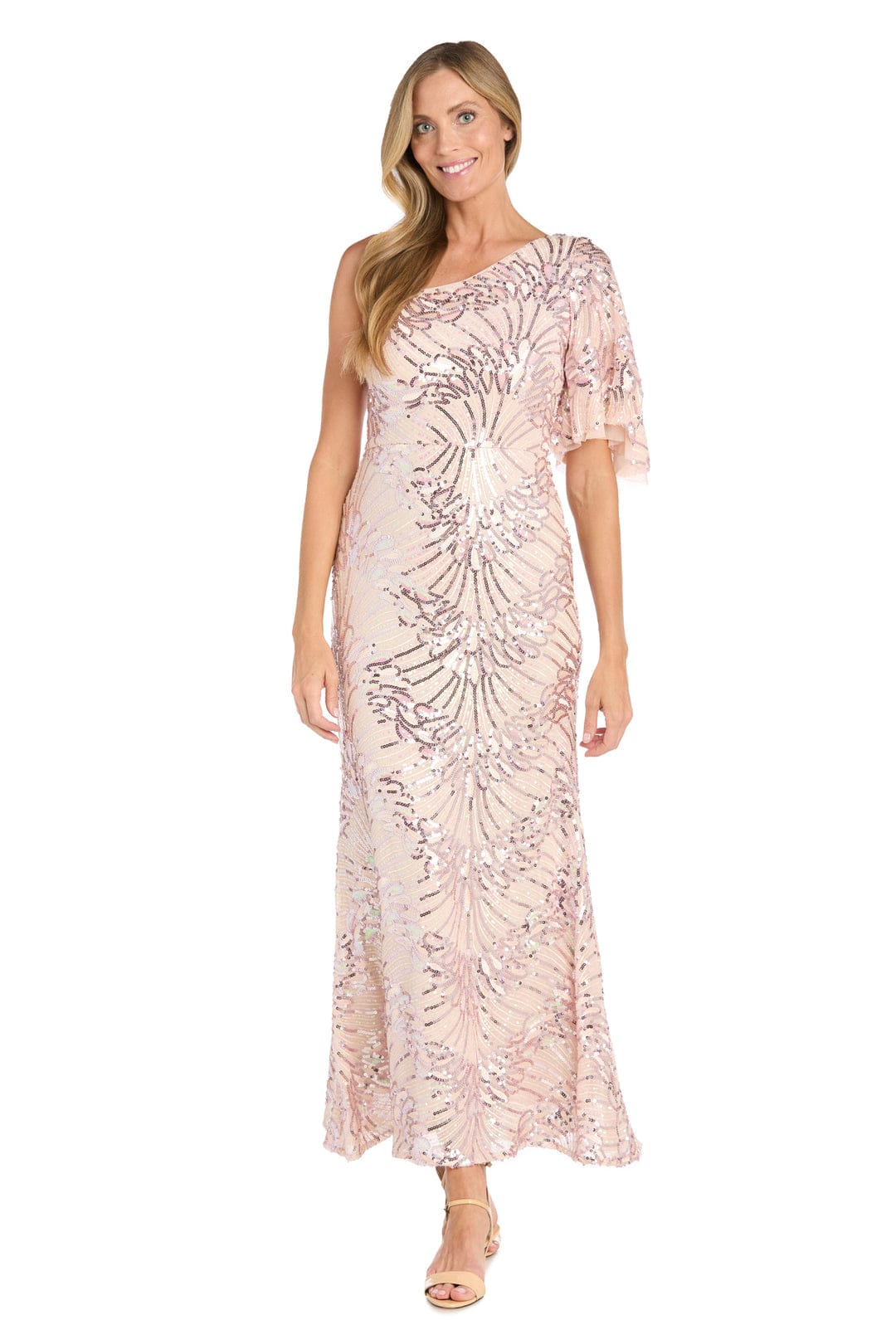 R&M Richards One-Shoulder Sequin Starburst Gown in Blush