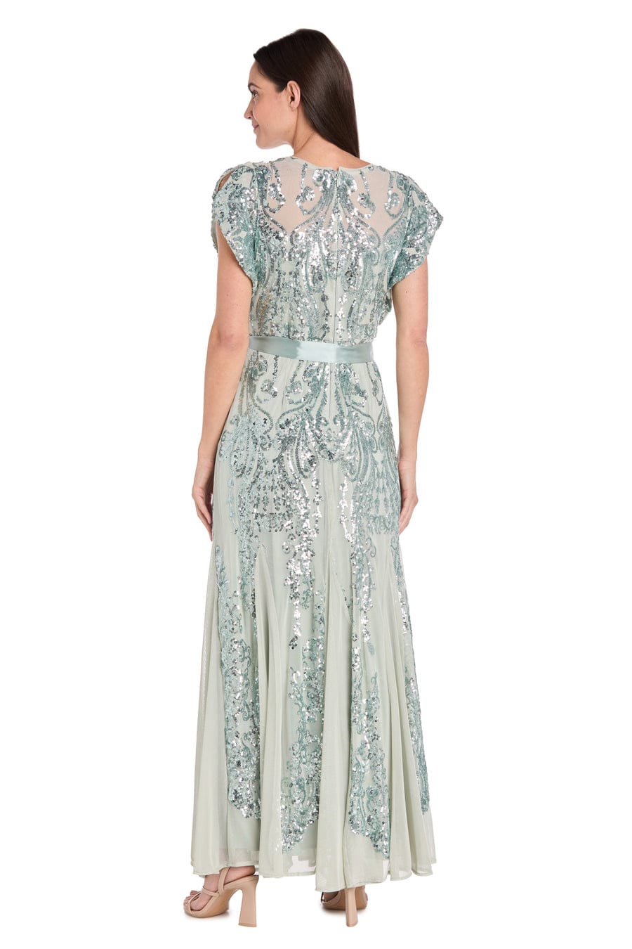 R&M Richards Sequin Embellished Gown with Satin Waist Tie
