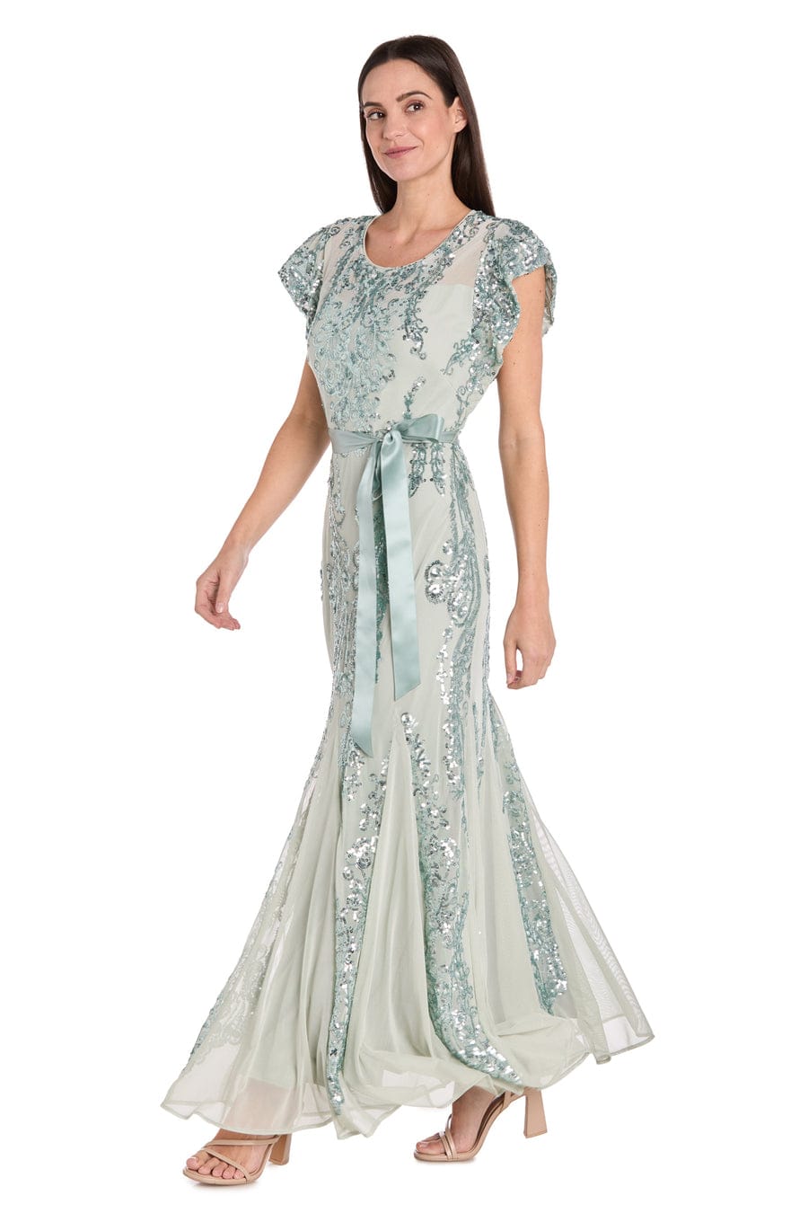 R&M Richards Sequin Embellished Gown with Satin Waist Tie