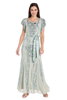 R&M Richards Sequin Embellished Gown with Satin Waist Tie