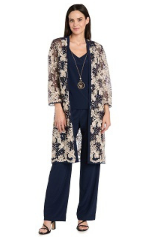 R&M Richards Navy & Gold Embroidered Duster 3-Piece Formal Pant Set