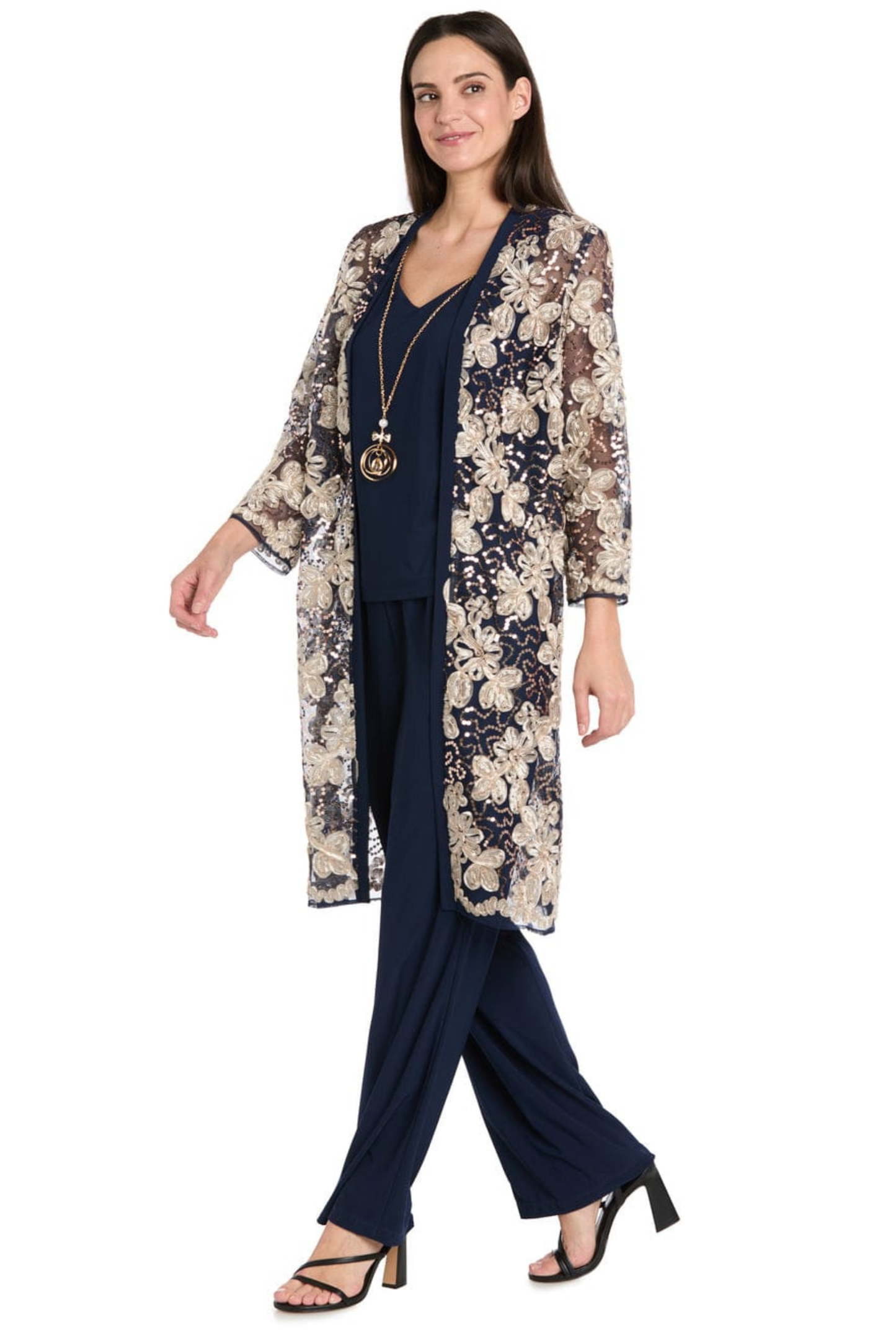 R&M Richards Navy & Gold Embroidered Duster 3-Piece Formal Pant Set
