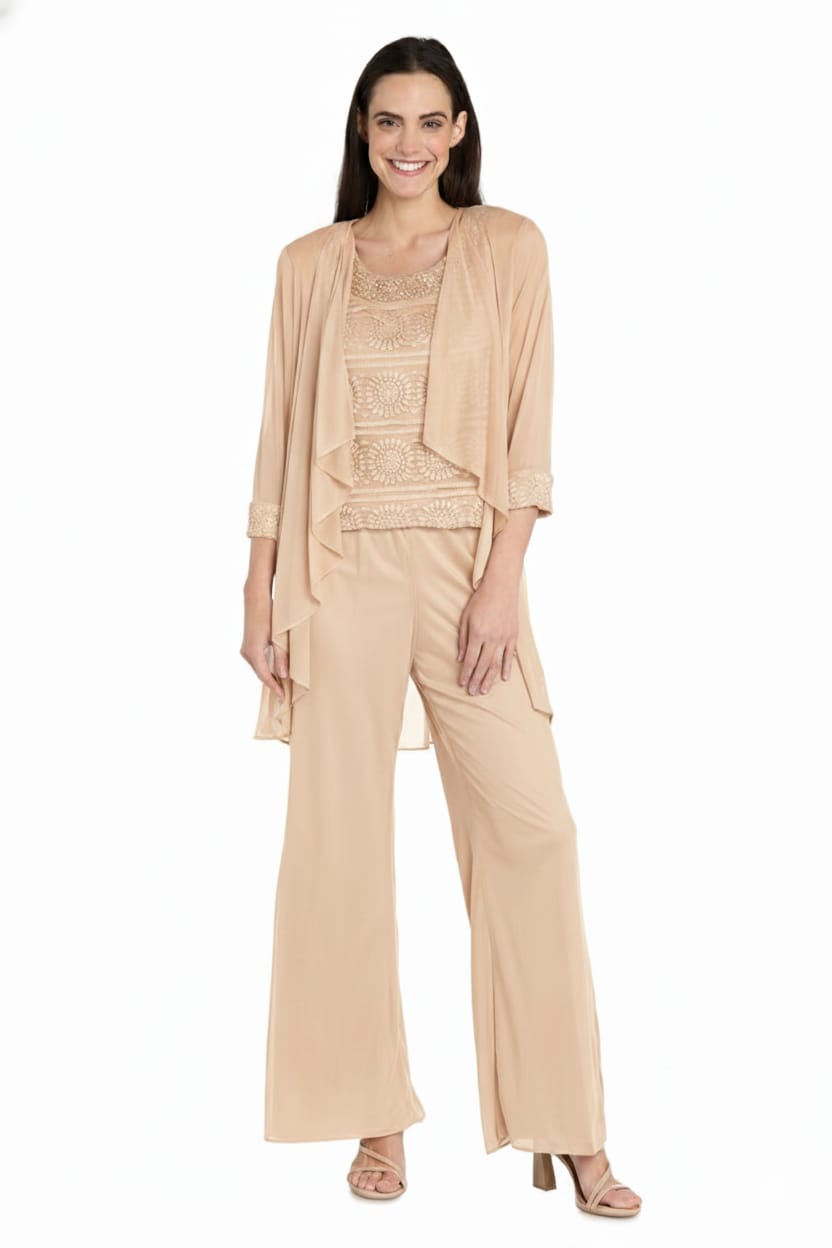R&M Richards Three-Piece Lace & Chiffon Evening Pant Set