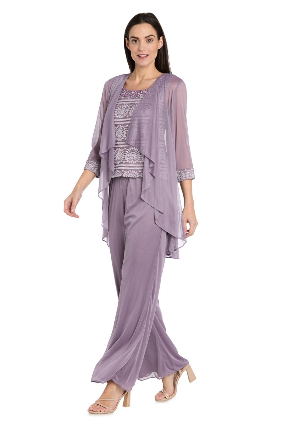 R&M Richards Three-Piece Lace & Chiffon Evening Pant Set