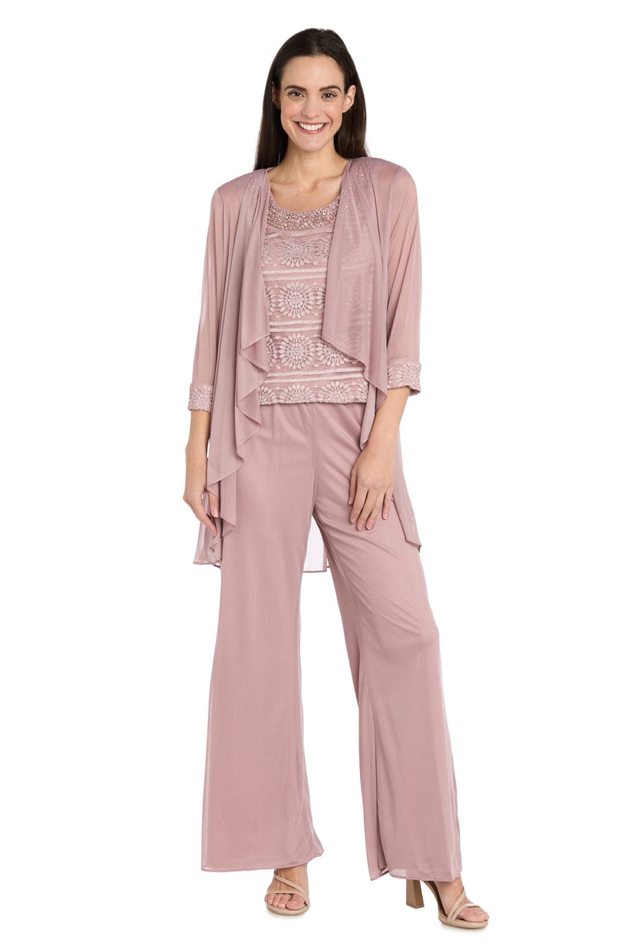 R&M Richards Three-Piece Lace & Chiffon Evening Pant Set