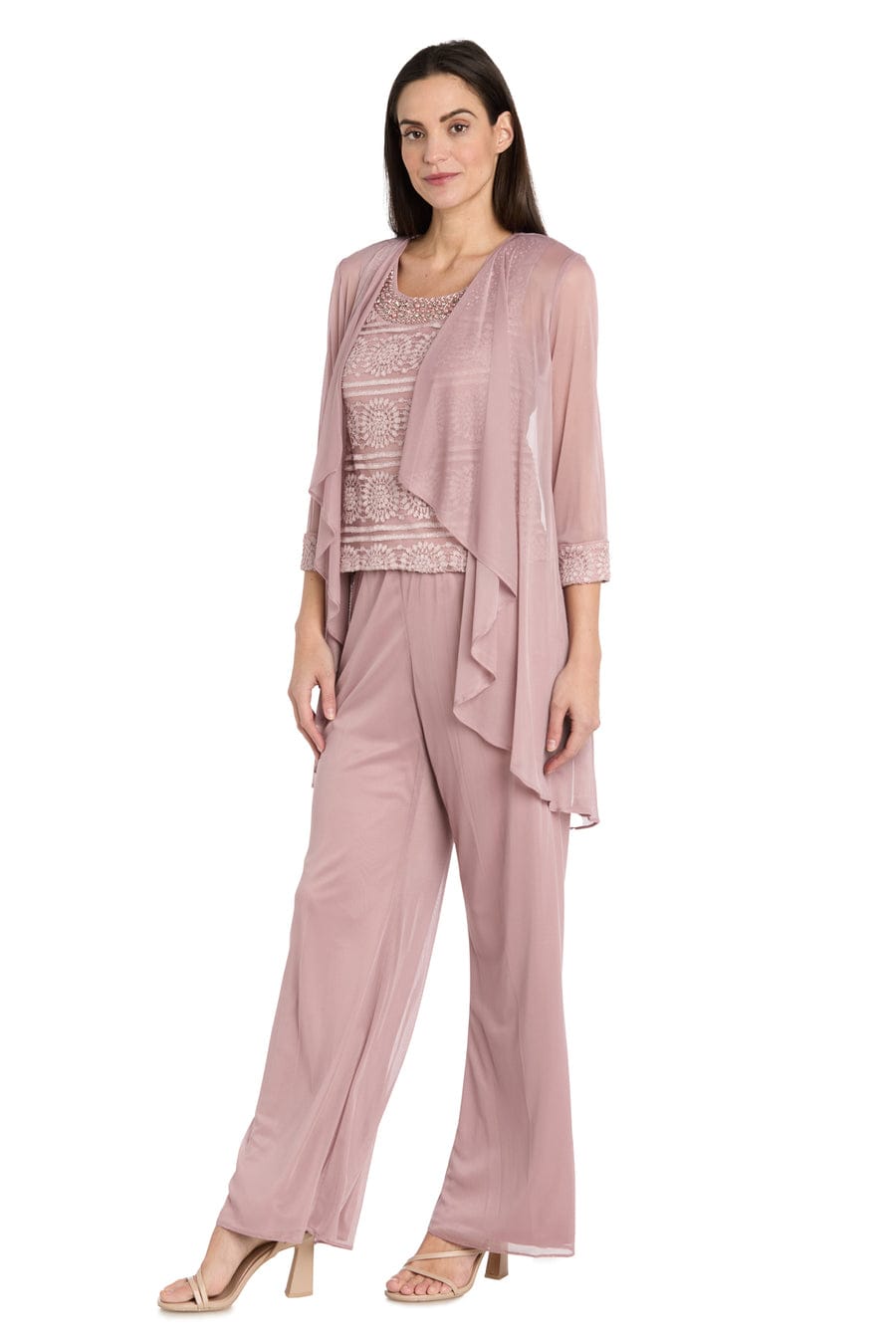 R&M Richards Three-Piece Lace & Chiffon Evening Pant Set