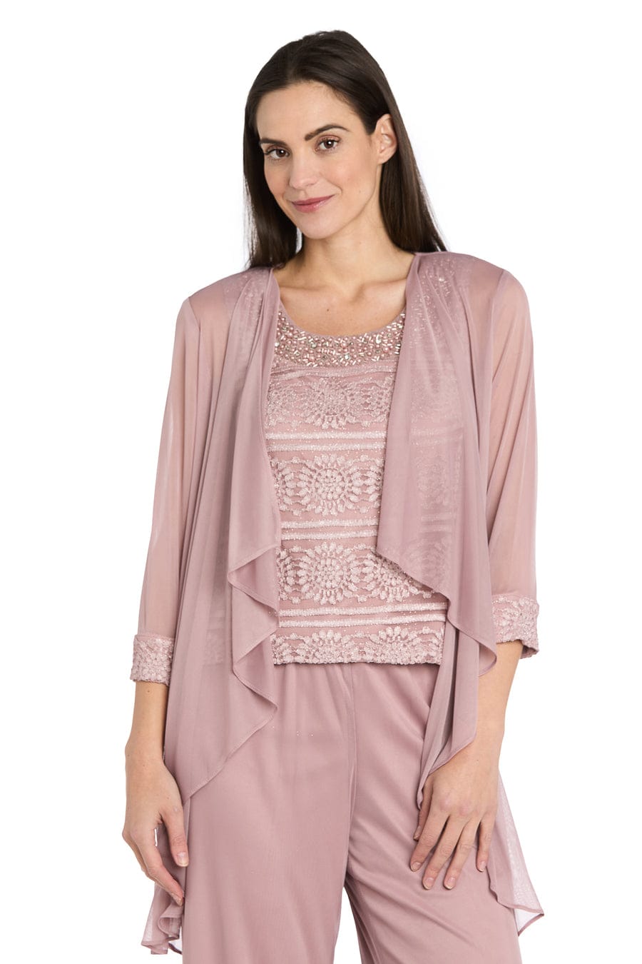 R&M Richards Three-Piece Lace & Chiffon Evening Pant Set