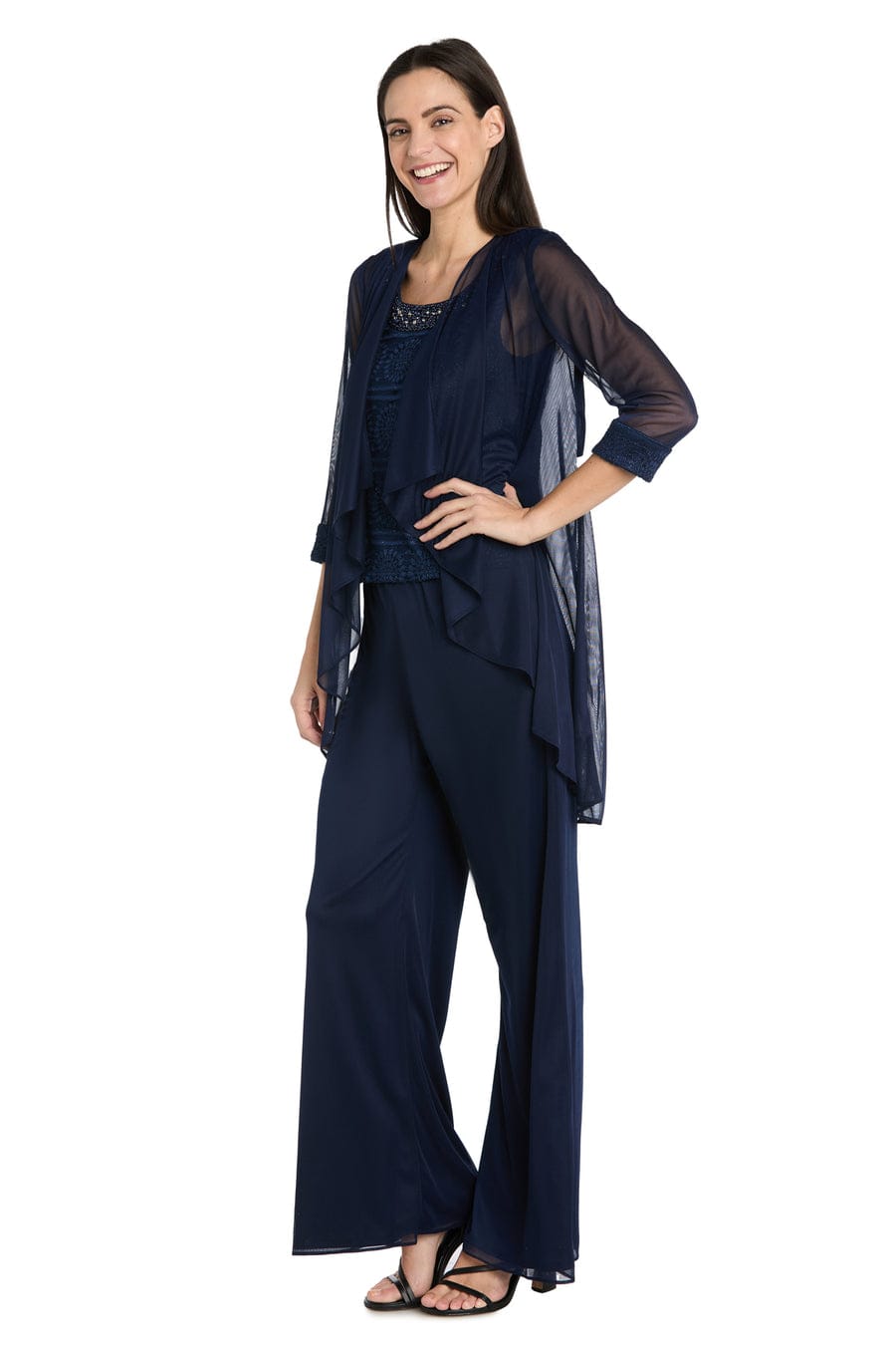 R&M Richards Three-Piece Lace & Chiffon Evening Pant Set