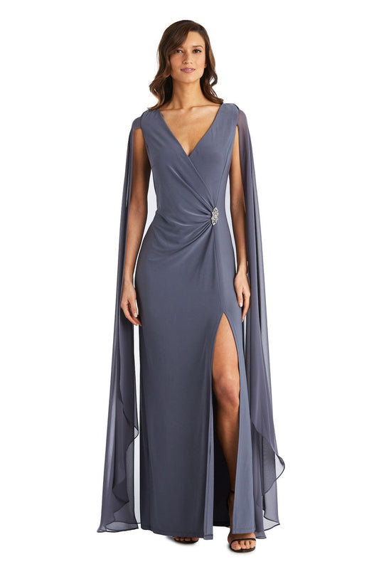 R&M Richards V-Neck Faux-Wrap Gown with Dramatic Cape Sleeves