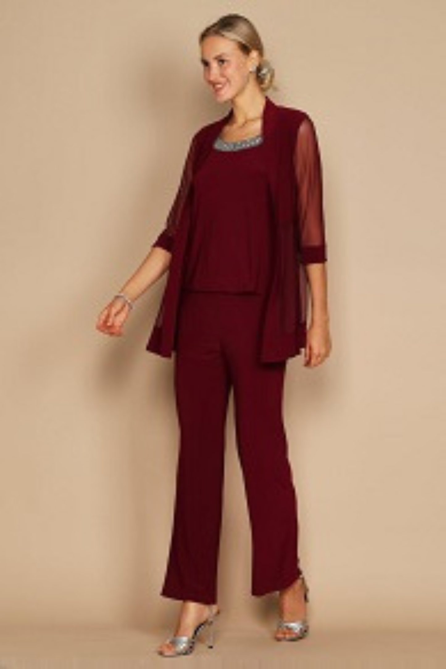 RM Richards Embellished Neck 2-Piece Pants Suit