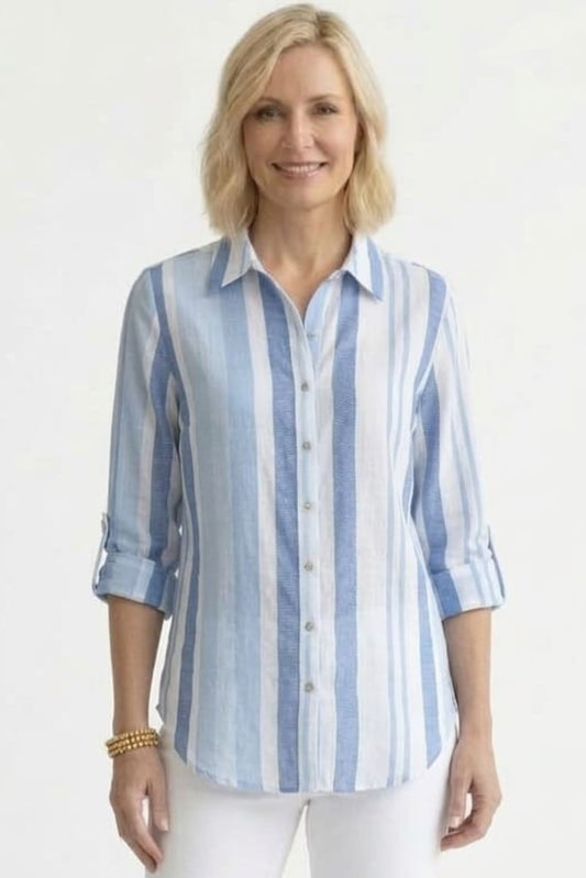 Grand & Greene Multi-Tone Blue Striped Roll-Tab Blouse