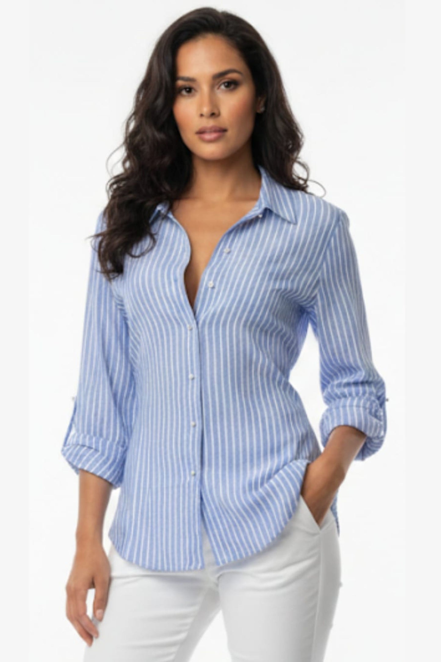 Grand & Greene Pearl-Accent Striped Roll-Tab Blouse