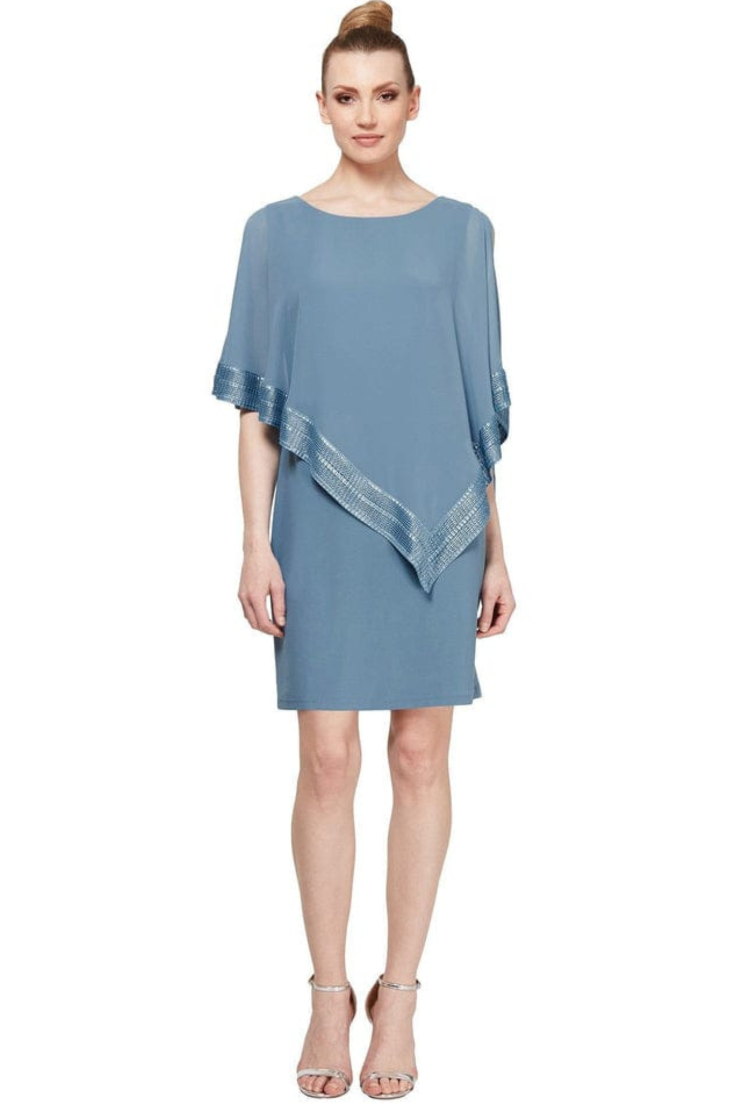 SLNY Attached Chiffon Cutout Cape Overlay Short Evening Dress