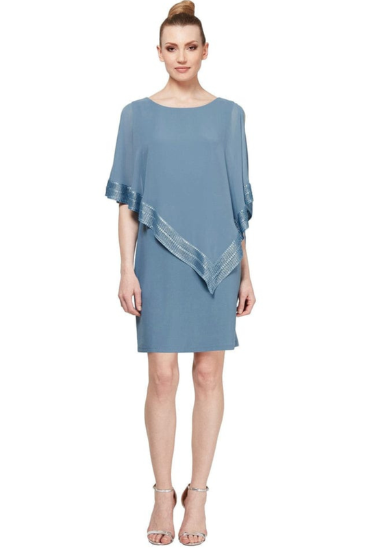 SLNY Attached Chiffon Cutout Cape Overlay Short Evening Dress