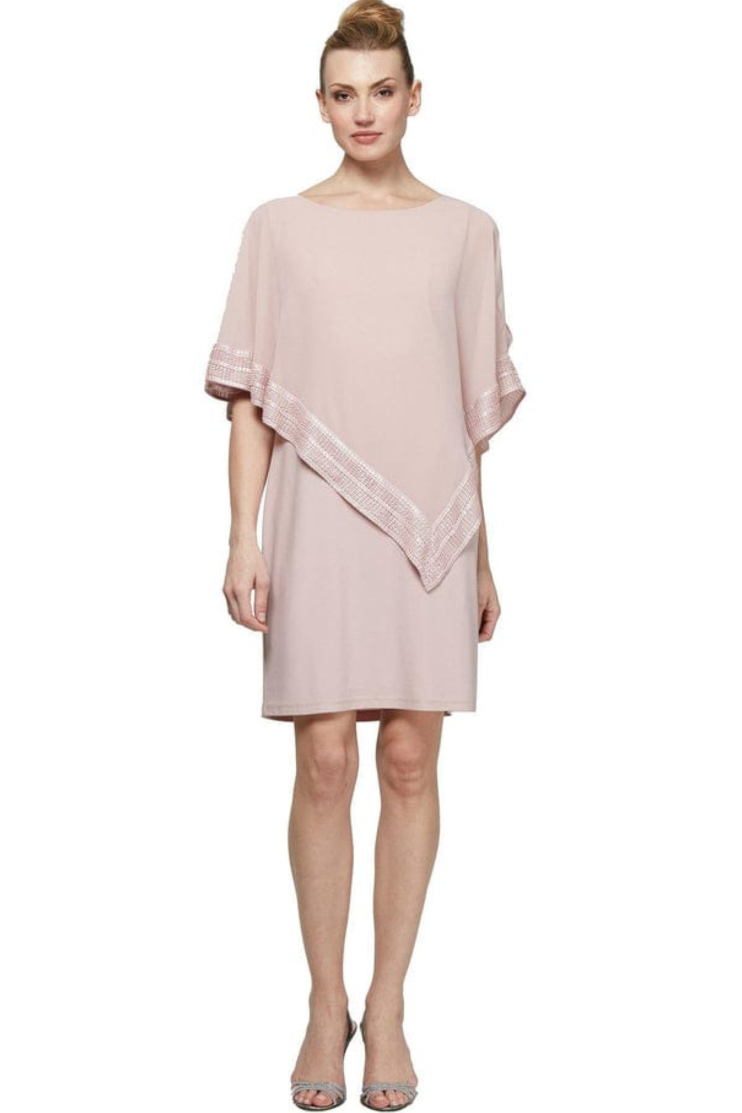 SLNY Attached Chiffon Cutout Cape Overlay Short Evening Dress