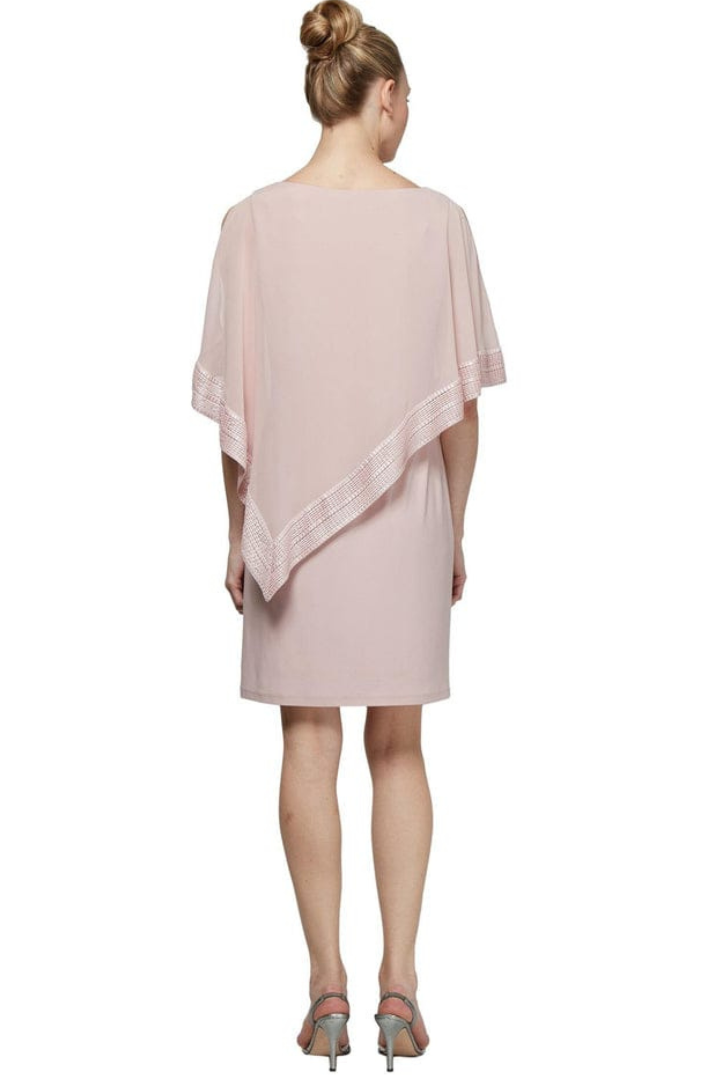 SLNY Attached Chiffon Cutout Cape Overlay Short Evening Dress