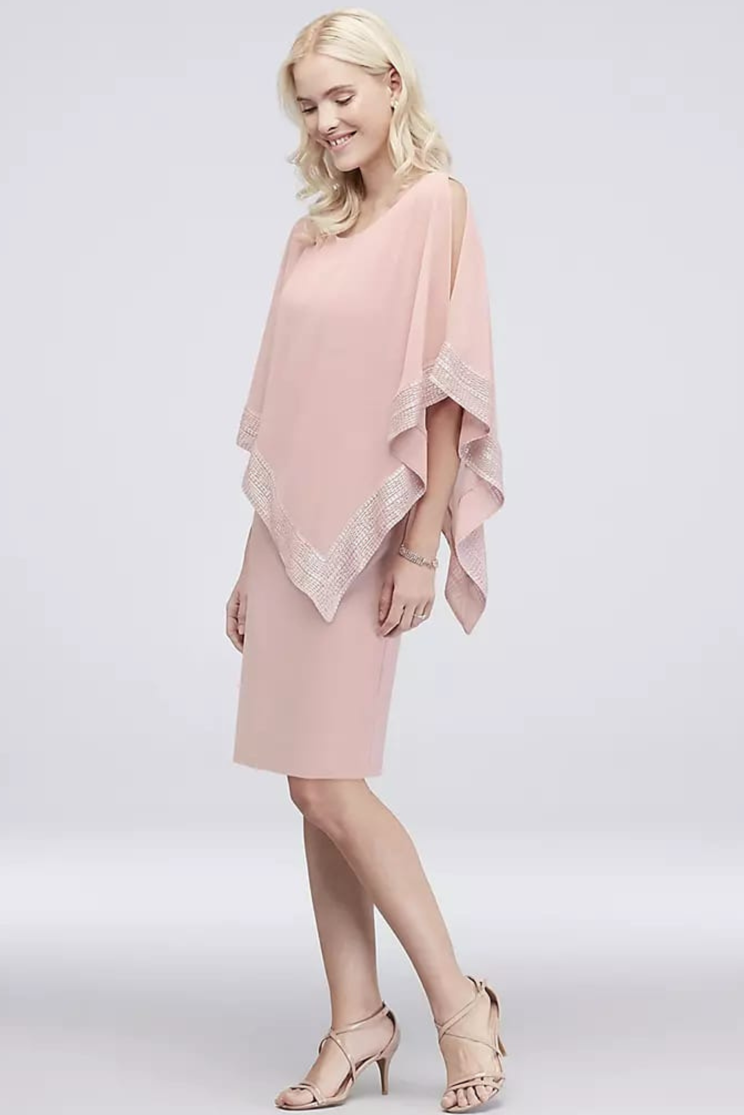 SLNY Attached Chiffon Cutout Cape Overlay Short Evening Dress