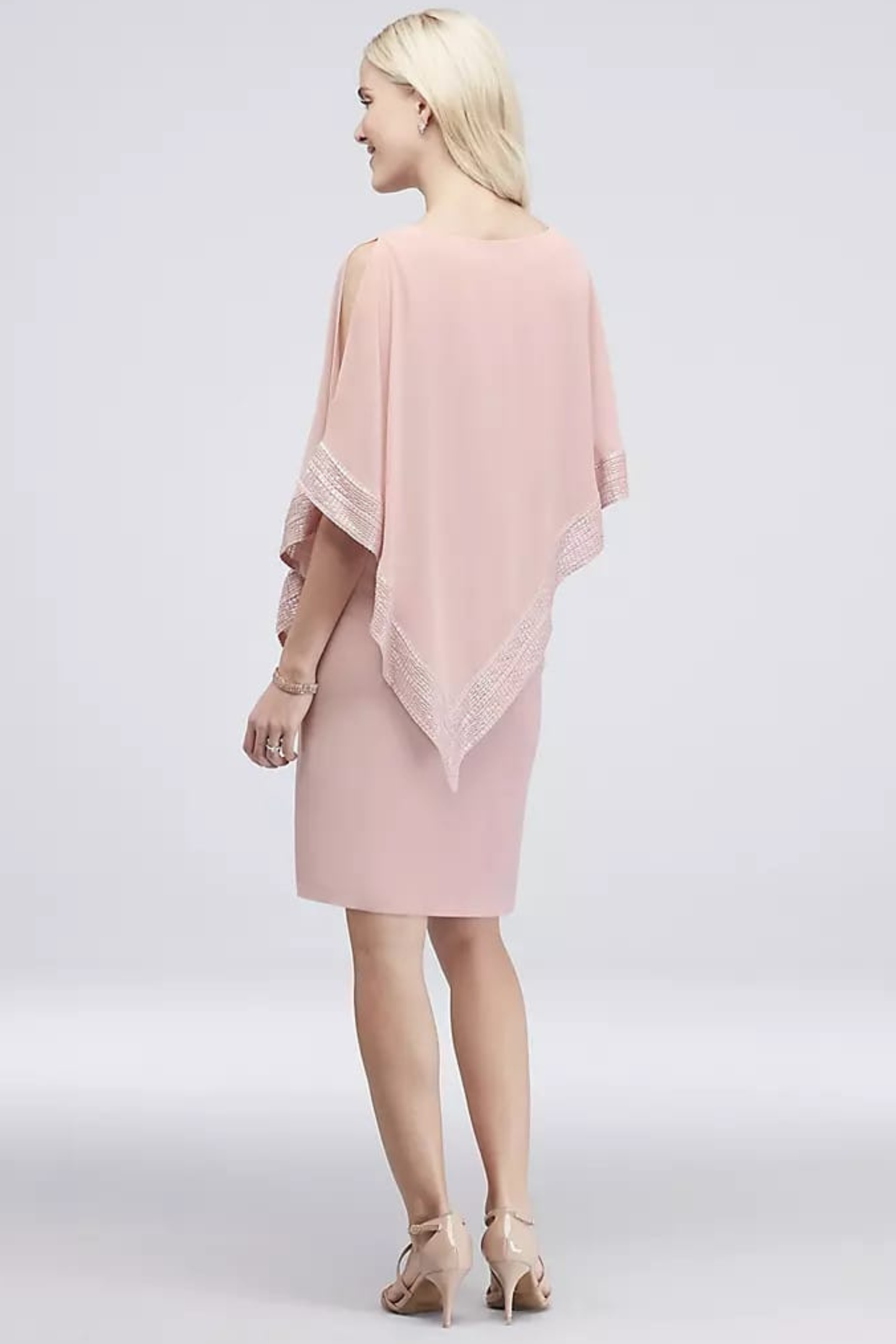 SLNY Attached Chiffon Cutout Cape Overlay Short Evening Dress
