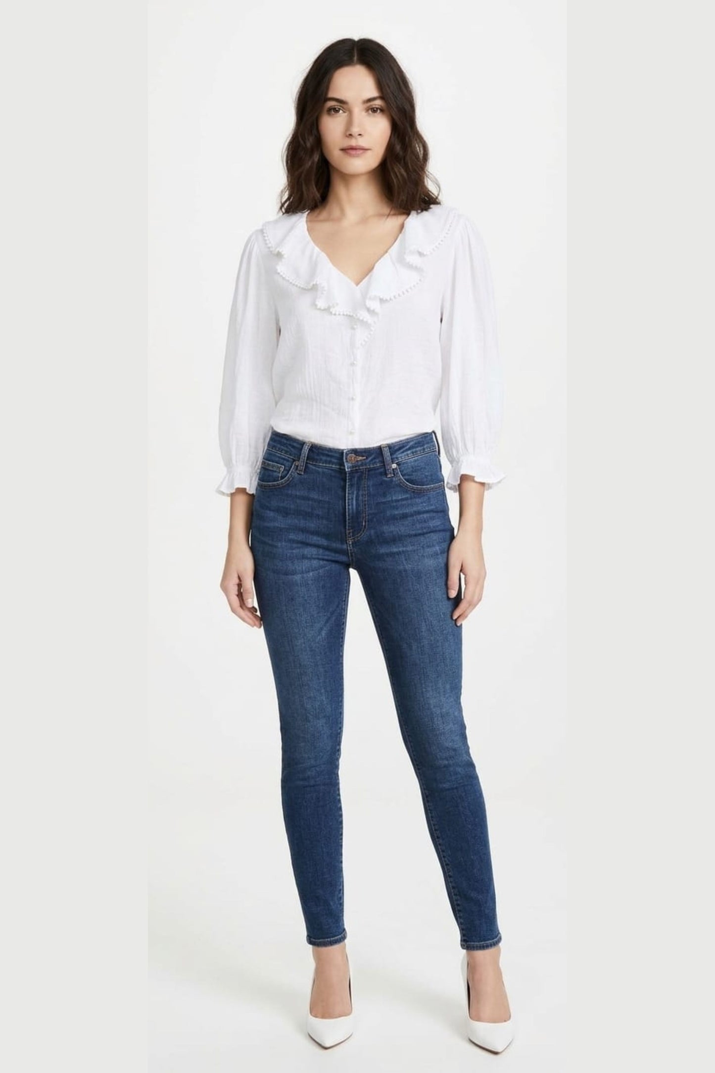 Grand & Greene Pom-Pom Trim Ruffle Blouse