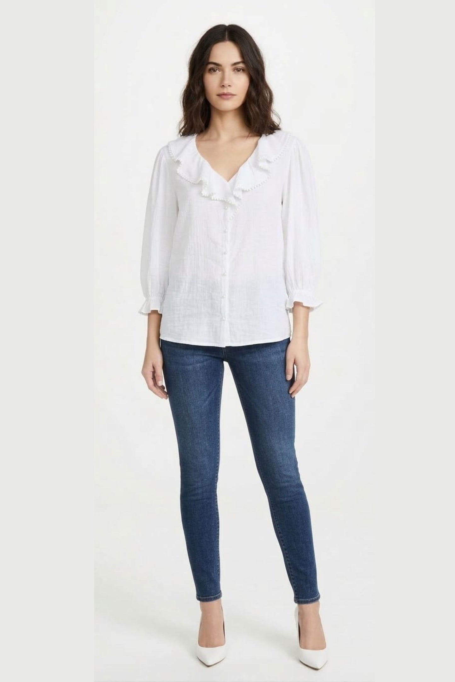 Grand & Greene Pom-Pom Trim Ruffle Blouse