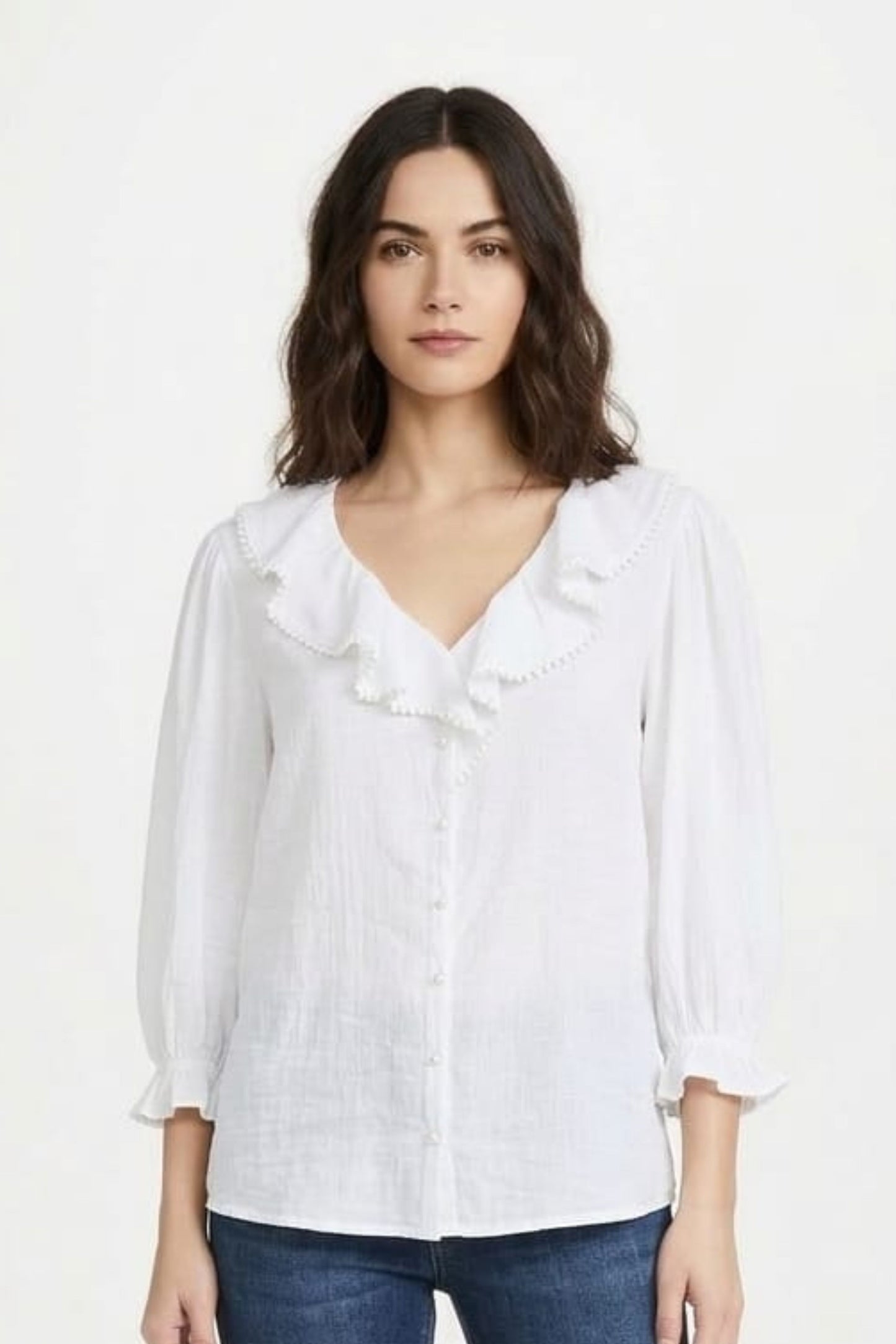 Grand & Greene Pom-Pom Trim Ruffle Blouse