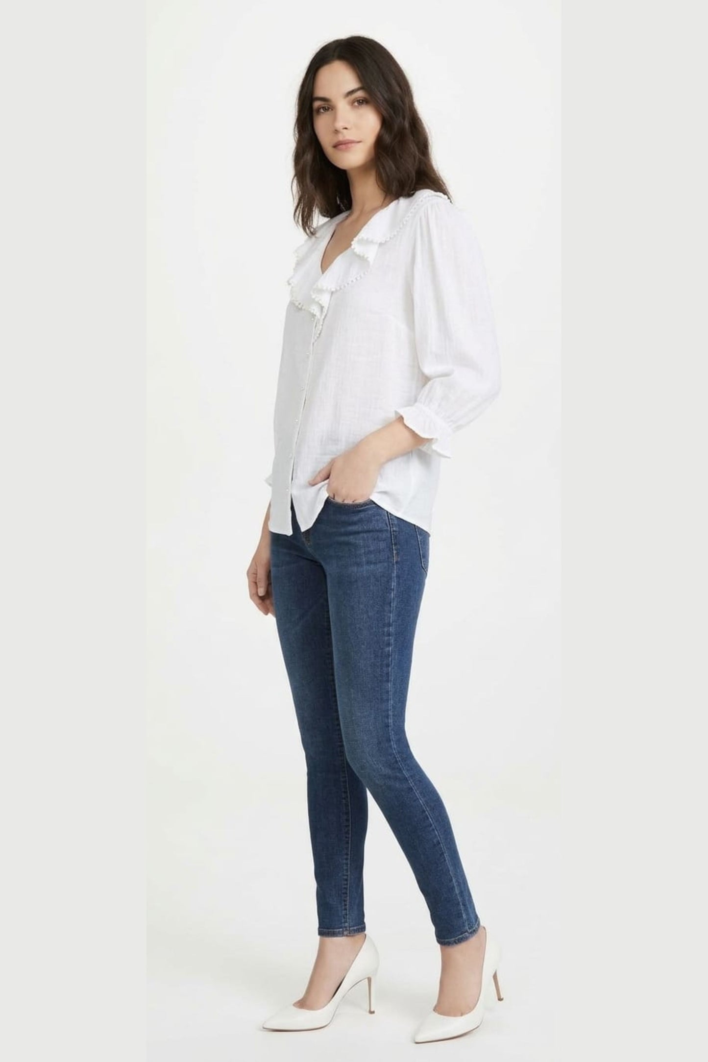 Grand & Greene Pom-Pom Trim Ruffle Blouse
