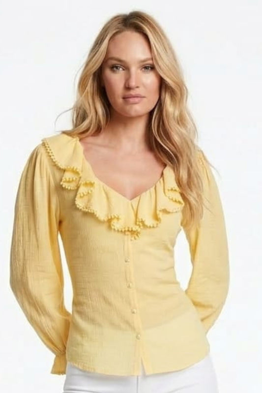 Grand & Greene Pom-Pom Trim Ruffle Blouse